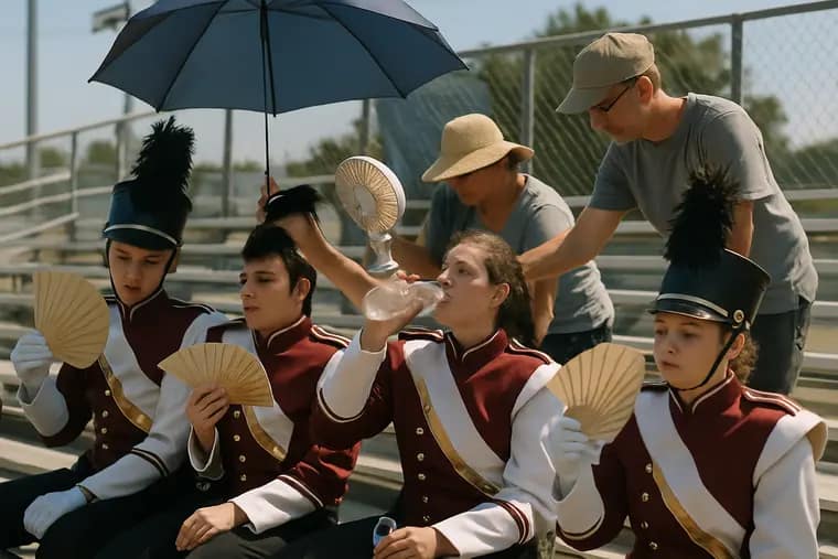 Marching band members rest near water stations beside a football field