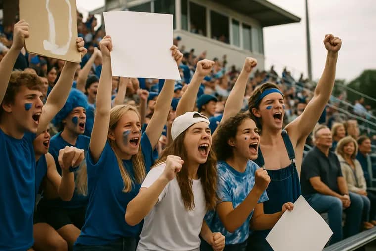 Students seated together in a high school football stadium section
