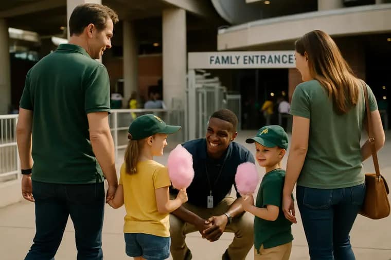 Parents with children entering a college football stadium gate