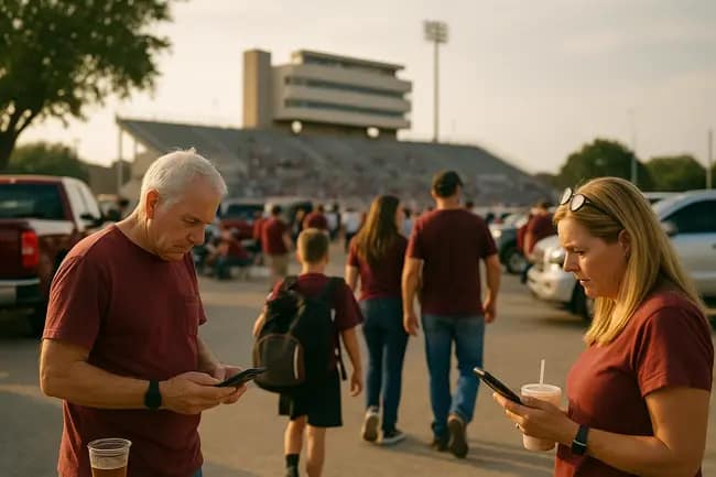 Fans walking toward a high school football stadium before sunset