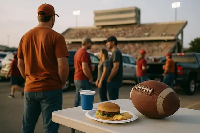 Large Texas high school stadium with players stretching before a night game