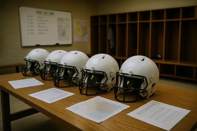 Football helmets and schedule boards sit on a Texas locker room table