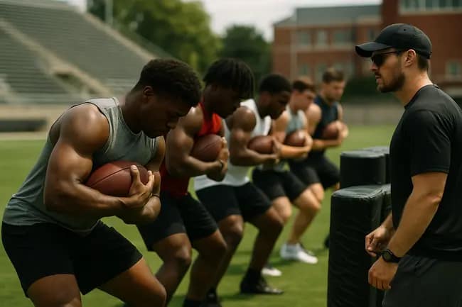 Running backs wait in line during a ball security drill