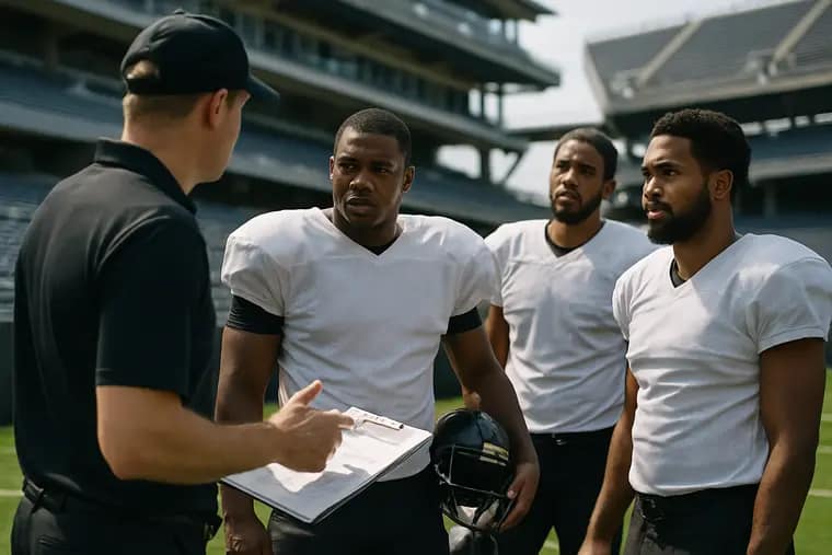 High school football players practice blocking and footwork on turf