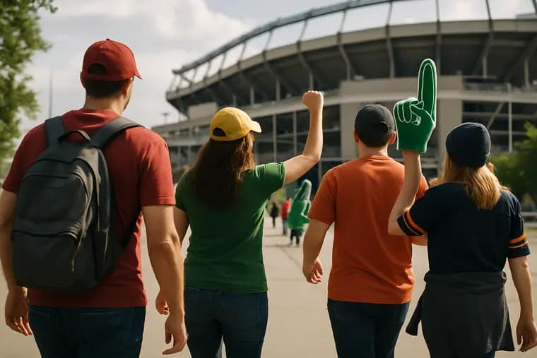 Families and students walking toward a Texas stadium before kickoff