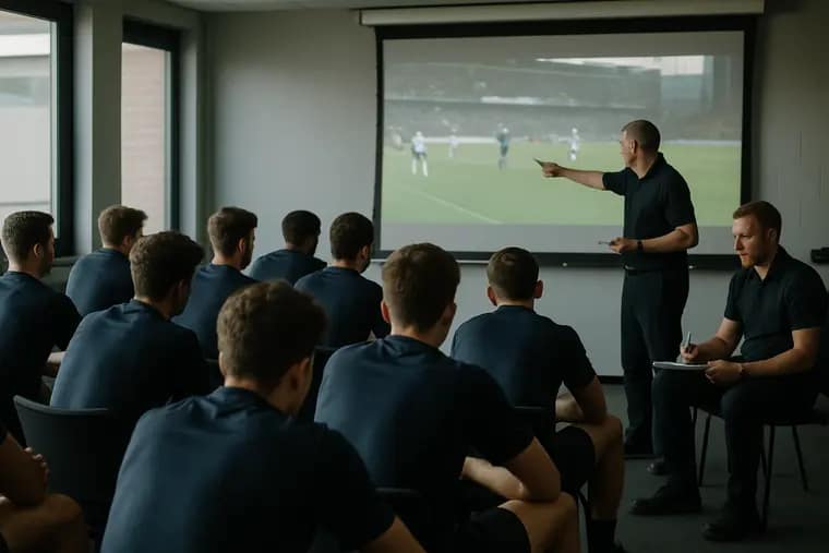 Football assistants organizing players by position during a practice period