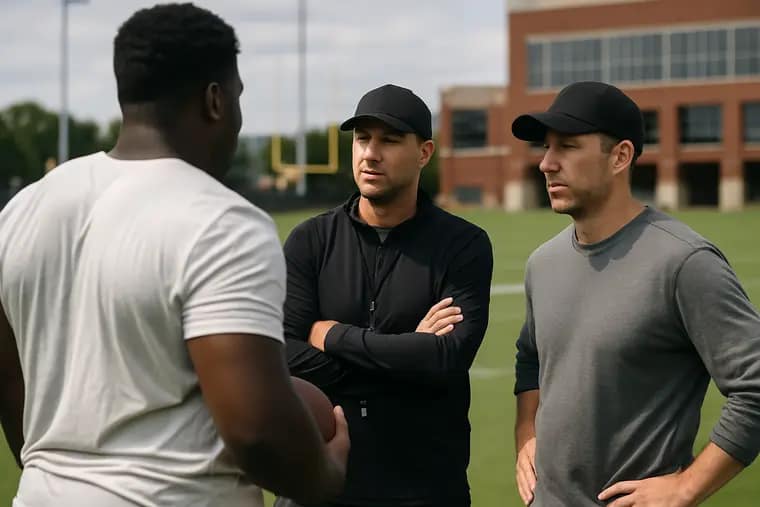 Football prospect meeting coaches near a practice field