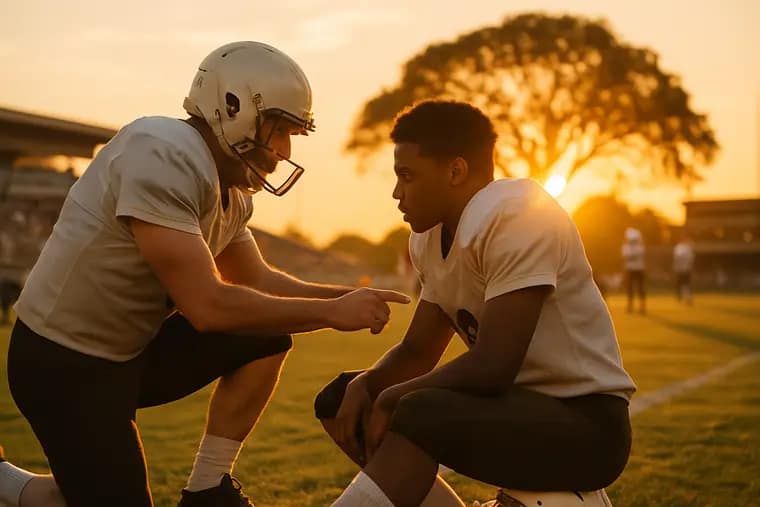 A high school coach talks with players during practice on a football field