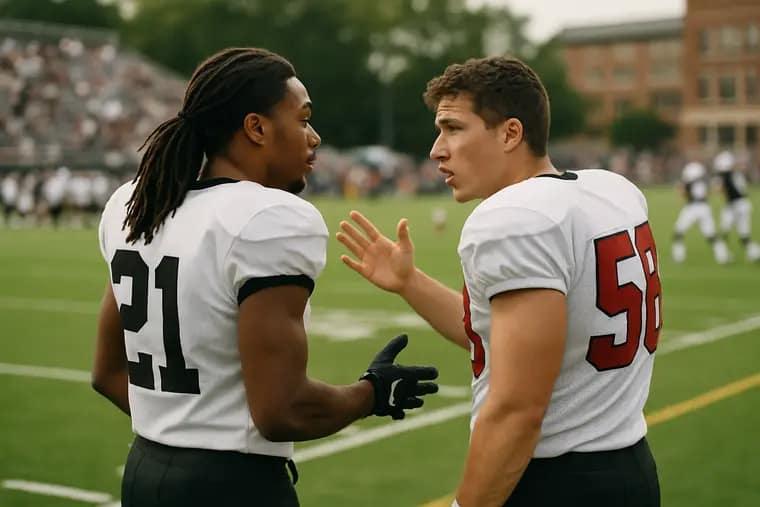 A safety and linebacker track a play during a Texas high school game