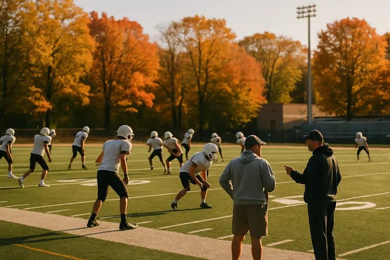 Two high school football teams warm up under stadium lights