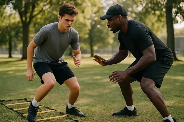 High school football players working through position drills at practice