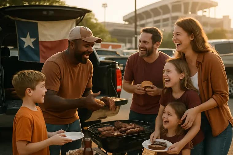 Families gathering near a football field before a high school game