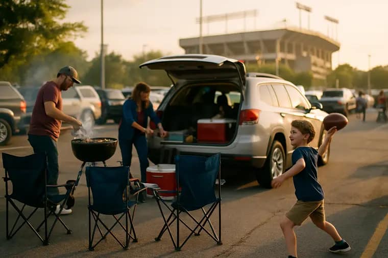 Family loading folding chairs before a high school football road game