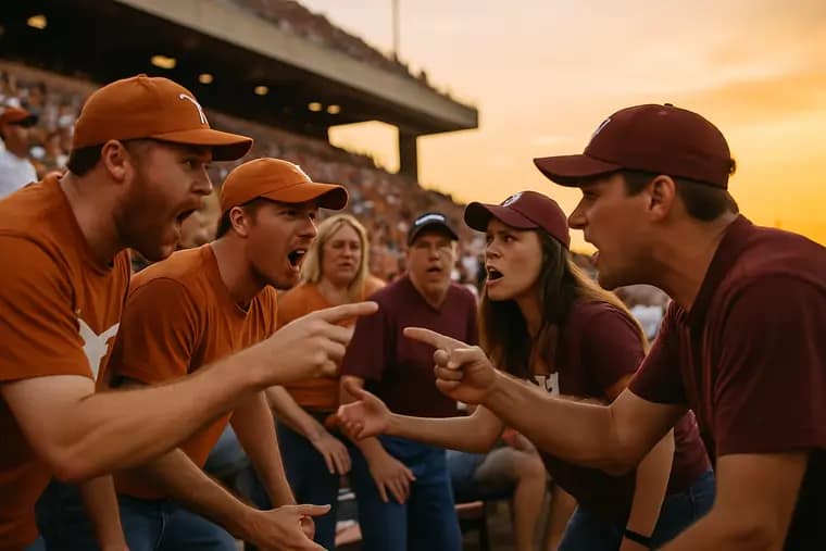 Fans in burnt orange and maroon arriving near a football stadium