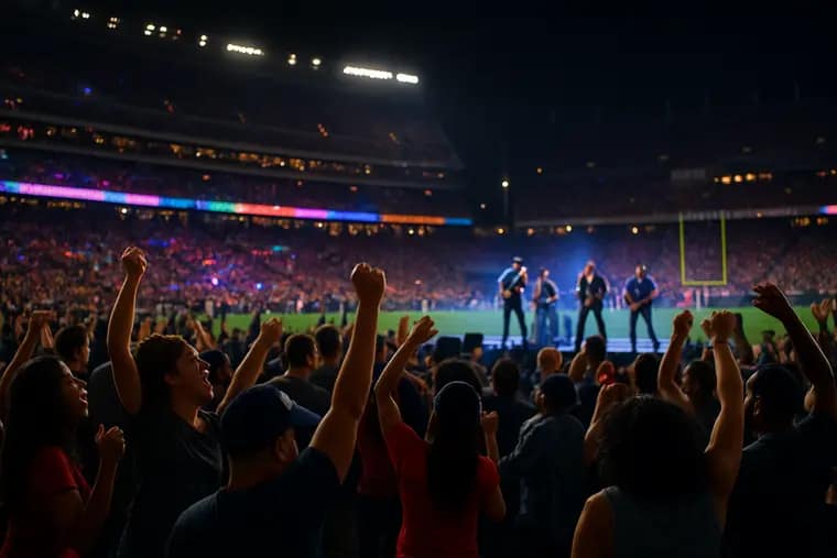 Fans walking toward a Houston-area high school football stadium at dusk