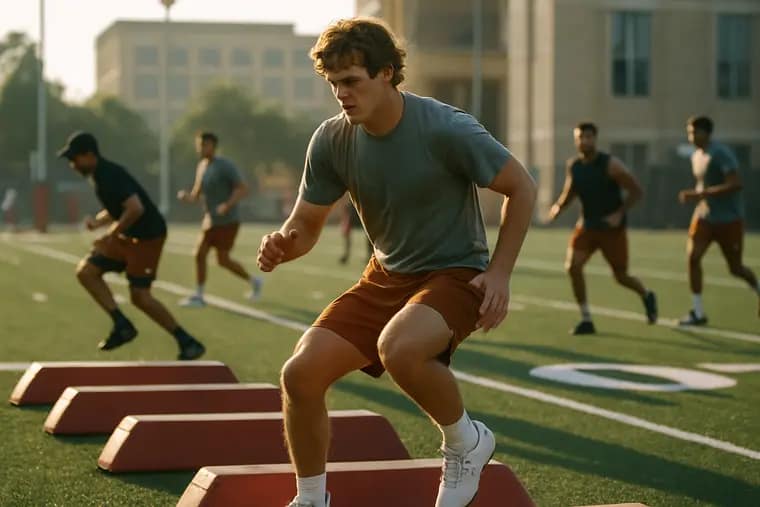 Quarterback moving through footwork drills on a football field