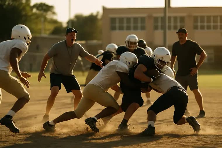 Texas high school football linemen set at the line of scrimmage