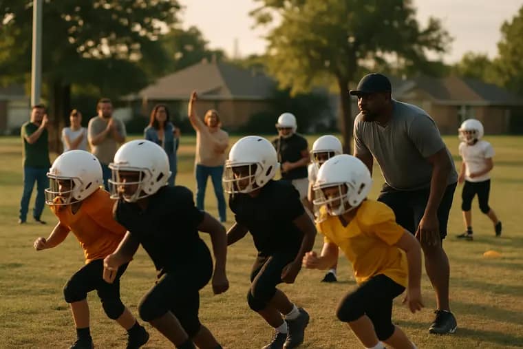 Young football players work through position drills on a Texas practice field