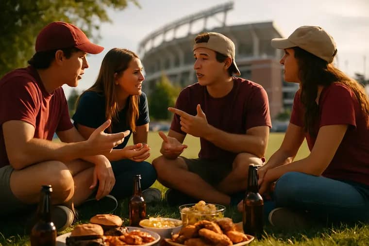 Families walk through a pregame fan area near a college football stadium