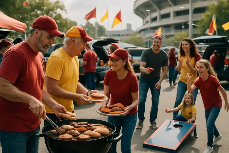 Fans talking beside tailgate chairs outside a Texas high school football venue