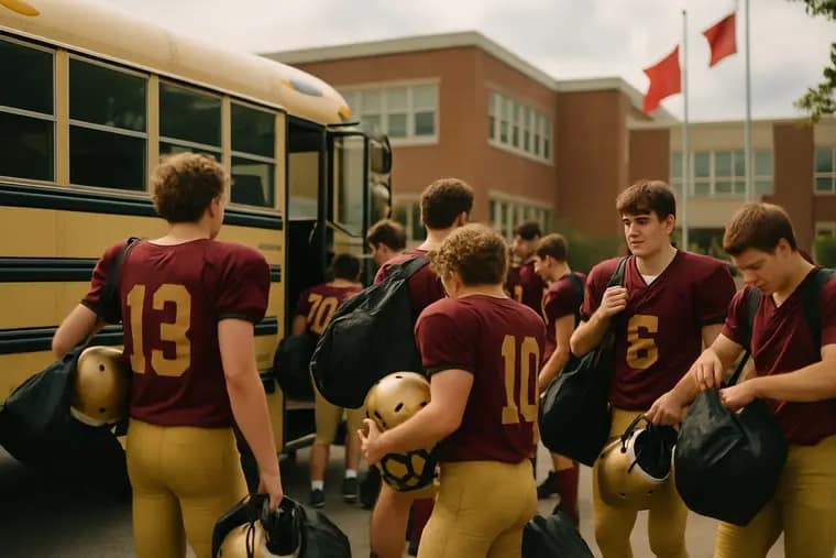 High school football team bus parked near a stadium before kickoff